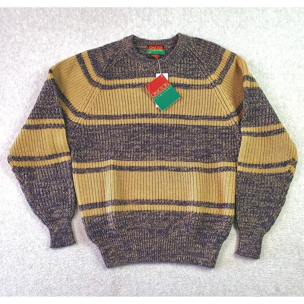 Vintage Oakton Limited Sweater Mens Med Blue Beige Stripe Crewneck Hong Kong 90s